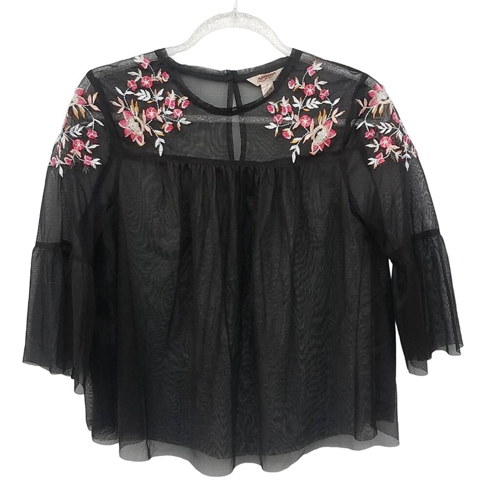 Embroidered Floral Black Sheer Bell Sleeve Top 3/4 Sleeve - Picture 2 of 10